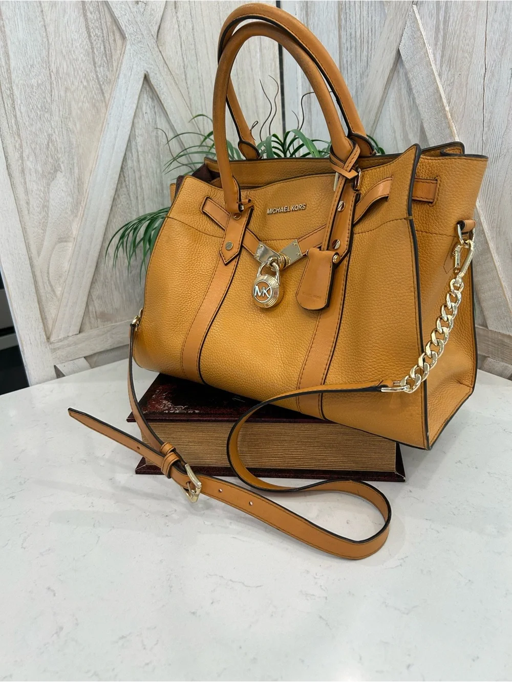 Michael Kors Tan Pebbled Leather Satchel with Chain Strap